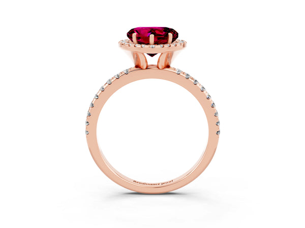 Rose gold Heart Cut Garnet Halo Engagement Ring with Round Pavé Band and Prong Setting