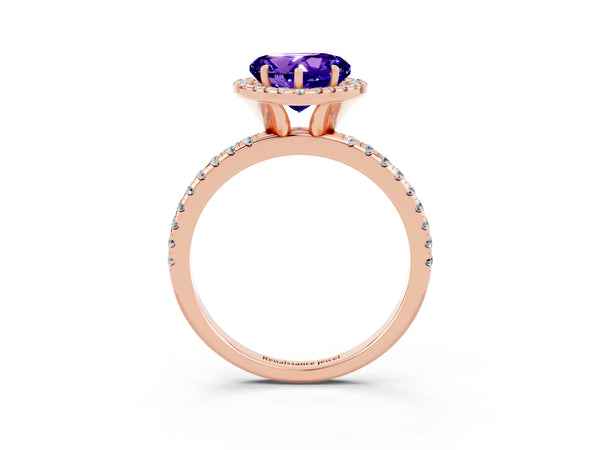 Rose gold Heart Cut Tanzanite Halo Engagement Ring with Round Pavé Band and Prong Setting