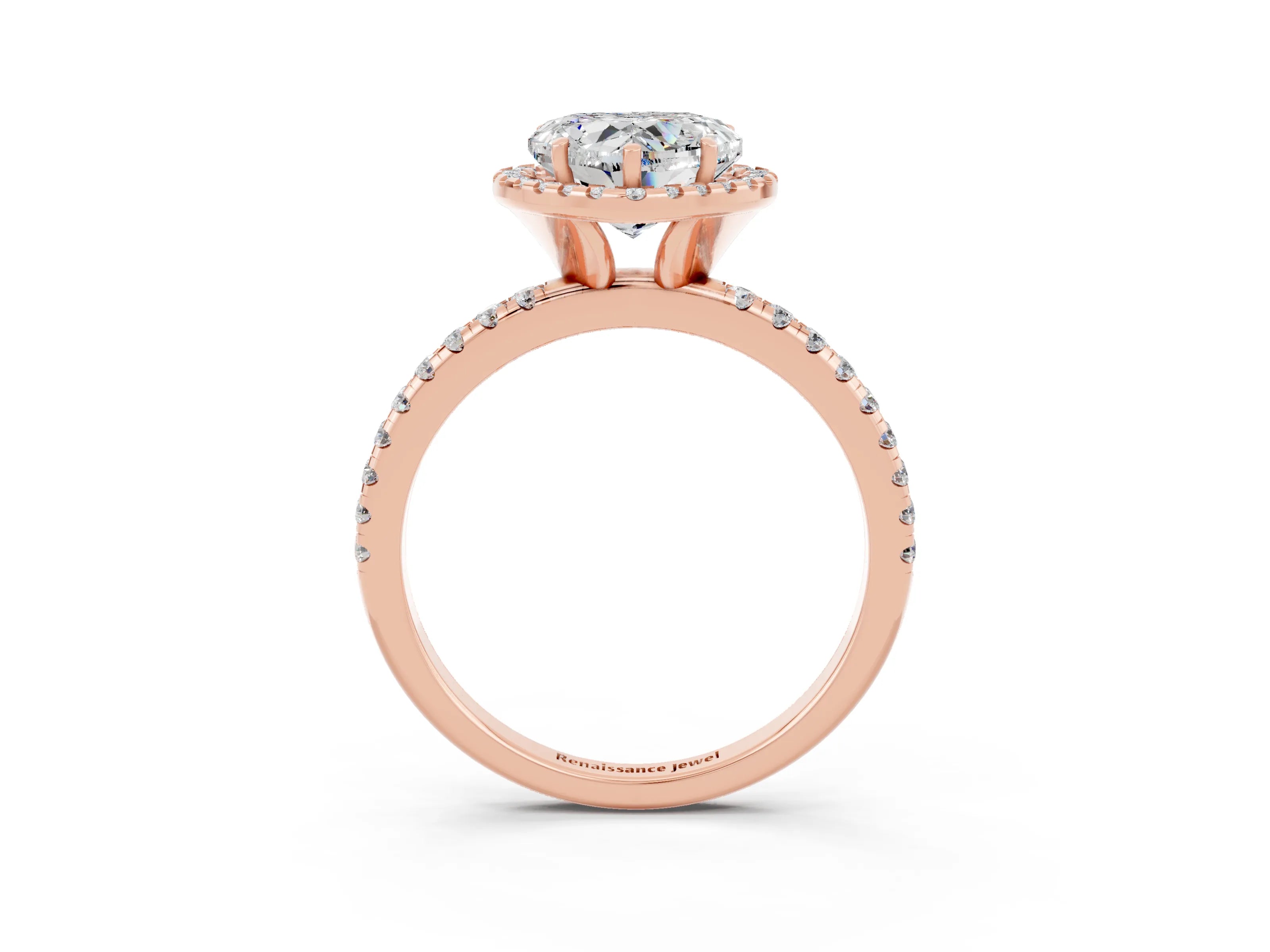 Rose gold Heart Cut Cut Diamond Floral Halo Engagement Ring with Pavé Band and Prong Setting_3