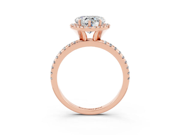 Rose gold Heart Cut Moissanite Halo Engagement Ring with Round Pavé Band and Prong Setting