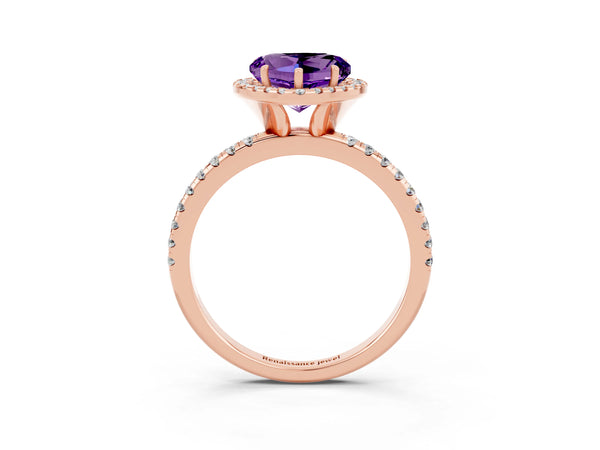 Rose gold Heart Cut Amethyst Halo Engagement Ring with Round Pavé Band and Prong Setting