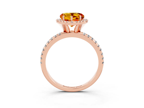 Rose gold Heart Cut Citrine Halo Engagement Ring with Round Pavé Band and Prong Setting