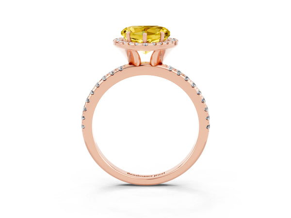 Rose gold Heart Cut Yellow Sapphire Halo Engagement Ring with Round Pavé Band and Prong Setting
