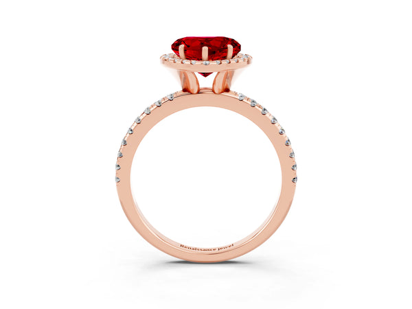 Rose gold Heart Cut Cut Diamond Floral Halo Engagement Ring with Pavé Band and Prong Setting