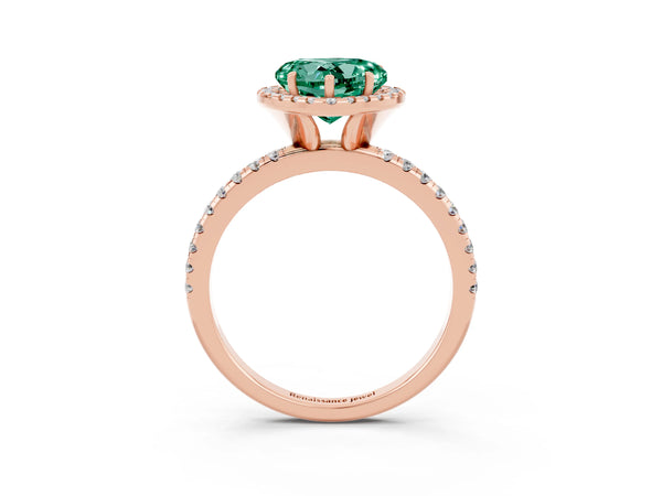 Rose gold Heart Cut Green Sapphire Halo Engagement Ring with Round Pavé Band and Prong Setting