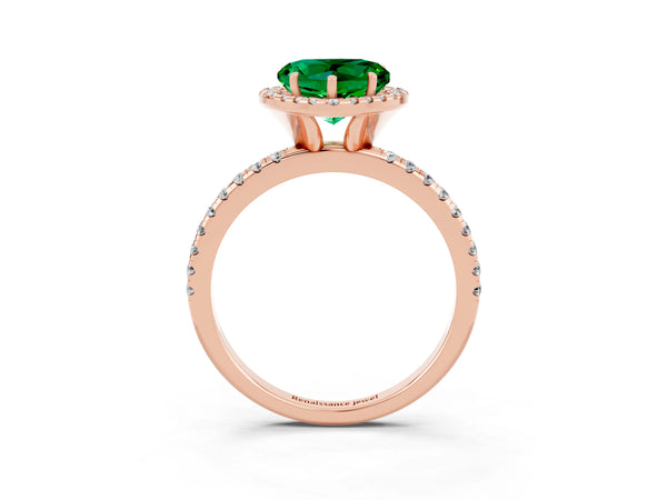 Rose gold Heart Cut Emerald Halo Engagement Ring with Round Pavé Band and Prong Setting