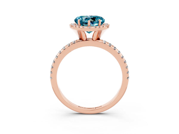 Rose gold Heart Cut Cut Diamond Floral Halo Engagement Ring with Pavé Band and Prong Setting