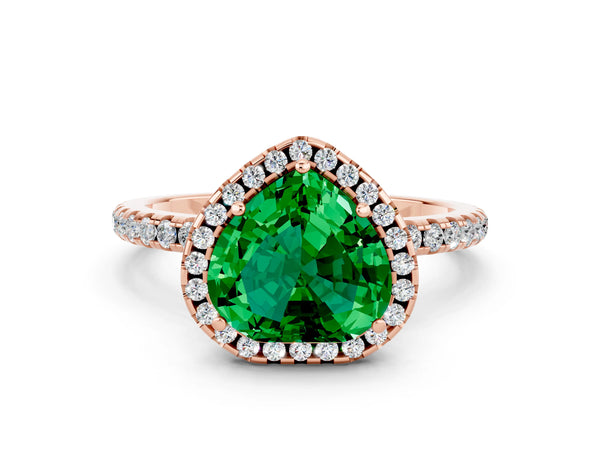 Rose gold Heart Cut Emerald Halo Engagement Ring with Round Pavé Band and Prong Setting