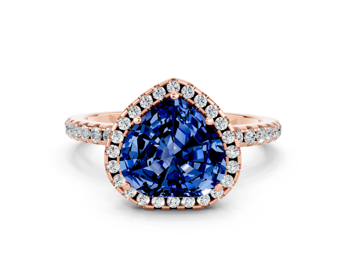 Rose gold Heart Cut Cut Diamond Floral Halo Engagement Ring with Pavé Band and Prong Setting