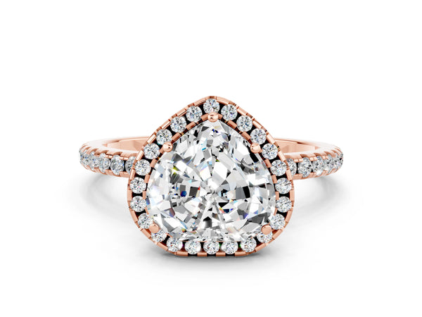 Rose gold Heart Cut Moissanite Halo Engagement Ring with Round Pavé Band and Prong Setting