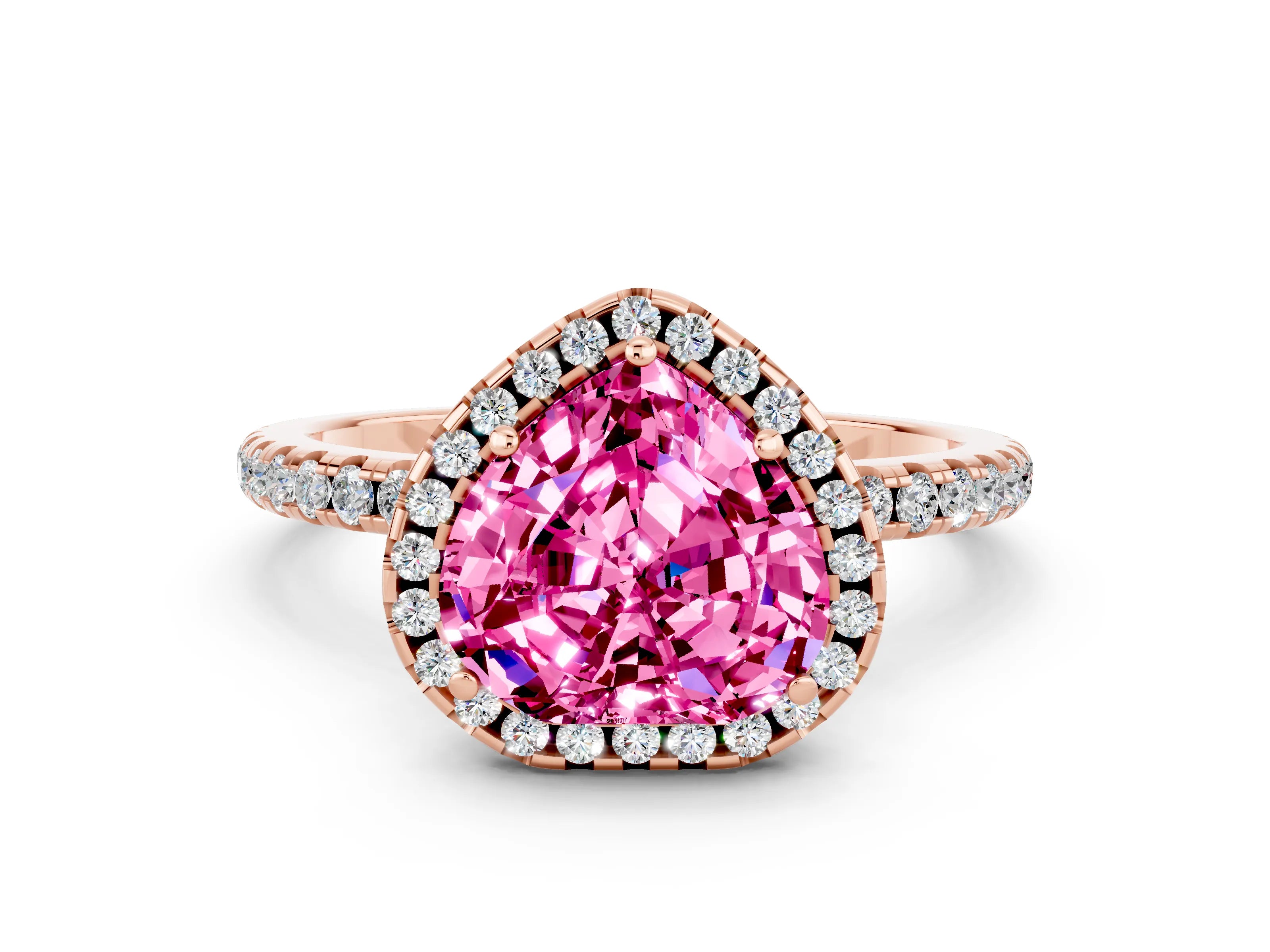 Rose gold Heart Cut Cut Diamond Floral Halo Engagement Ring with Pavé Band and Prong Setting