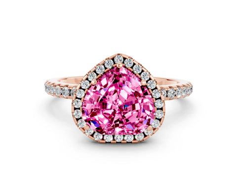 Rose gold Heart Cut Cut Diamond Floral Halo Engagement Ring with Pavé Band and Prong Setting