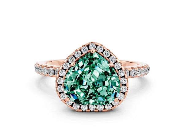 Rose gold Heart Cut Green Sapphire Halo Engagement Ring with Round Pavé Band and Prong Setting
