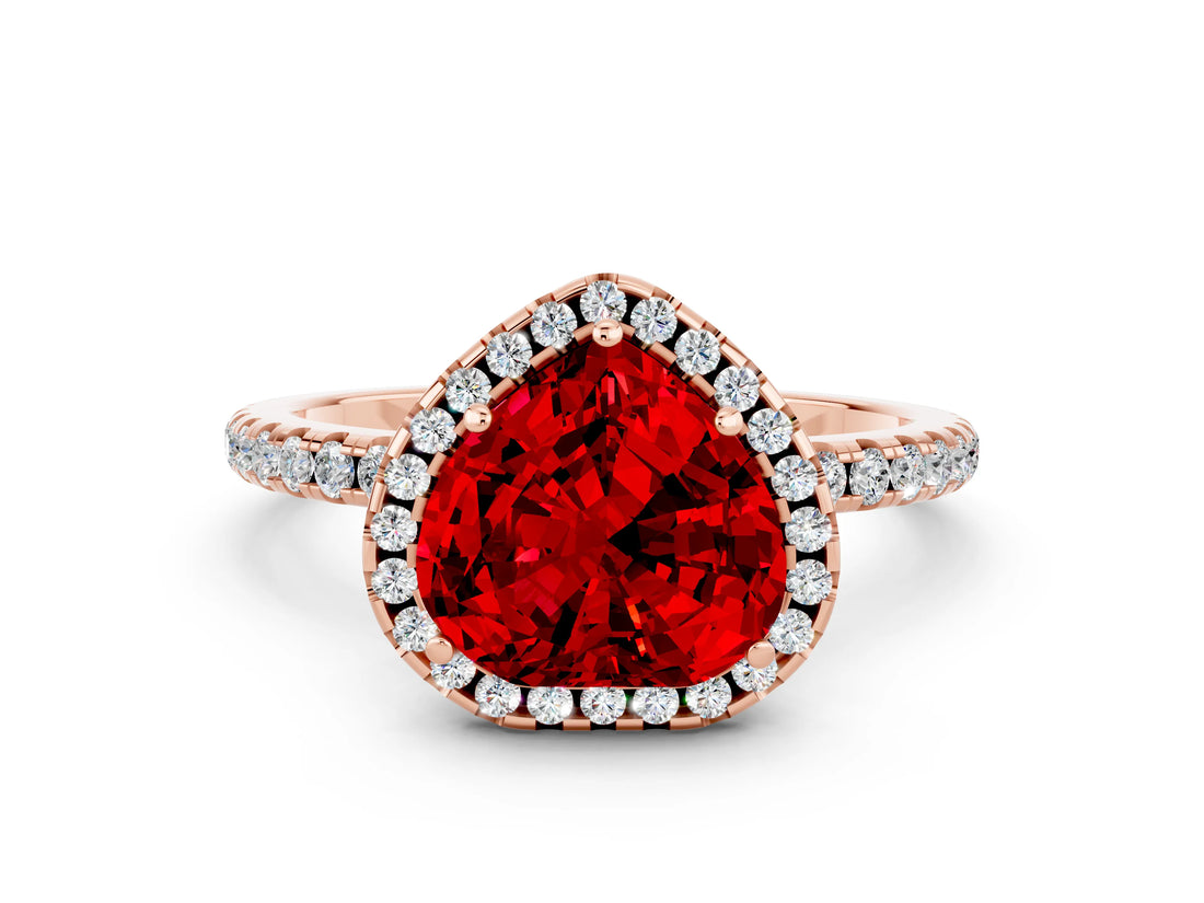 Rose gold Heart Cut Cut Diamond Floral Halo Engagement Ring with Pavé Band and Prong Setting