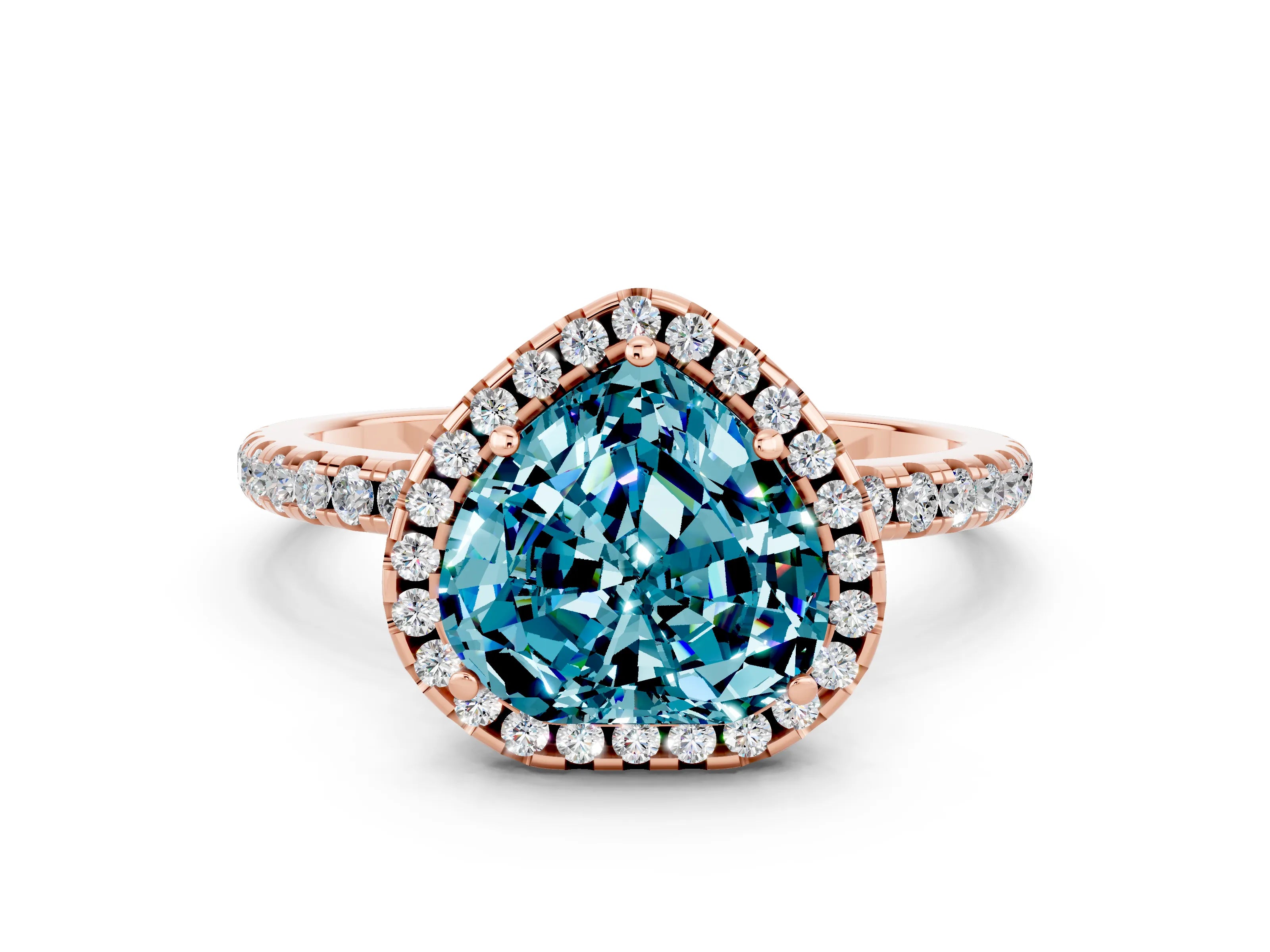 Rose gold Heart Cut Cut Diamond Floral Halo Engagement Ring with Pavé Band and Prong Setting