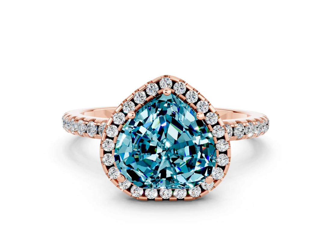Rose gold Heart Cut Cut Diamond Floral Halo Engagement Ring with Pavé Band and Prong Setting