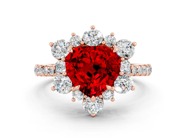 Rose gold Heart Cut Ruby Floral Halo Ring with Round Pavé Band and Prong Setting