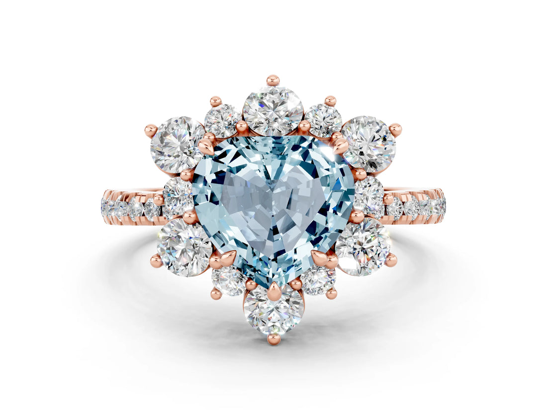 Rose gold Heart Cut Cut Diamond Floral Halo Pave Band with Prong Setting