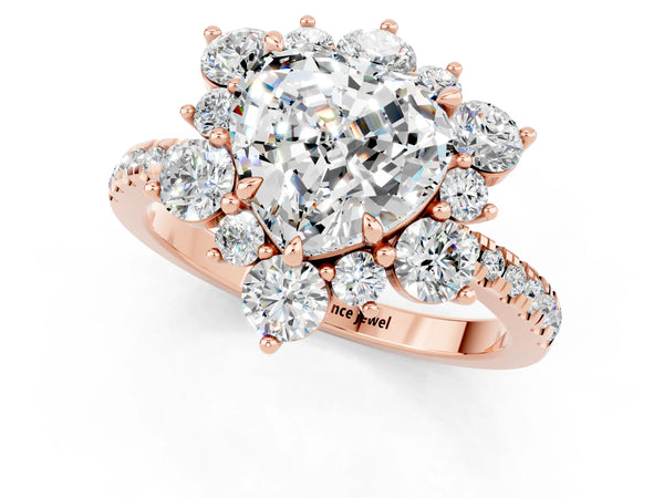 Rose gold Heart Cut Moissanite Floral Halo Ring with Round Pavé Band and Prong Setting