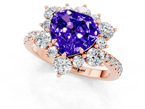 Rose gold Heart Cut Tanzanite Floral Halo Ring with Round Pavé Band and Prong Setting