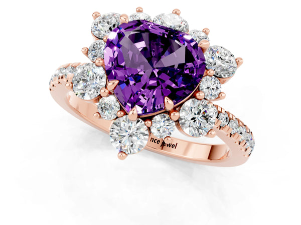 Rose gold Heart Cut Amethyst Floral Halo Ring with Round Pavé Band and Prong Setting