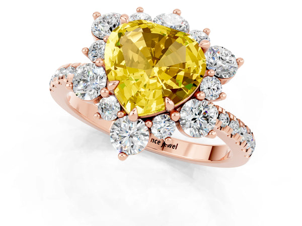 Rose gold Heart Cut Yellow Sapphire Floral Halo Ring with Round Pavé Band and Prong Setting