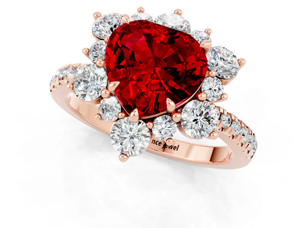 Rose gold Heart Cut Ruby Floral Halo Ring with Round Pavé Band and Prong Setting
