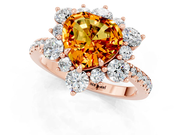 Rose gold Heart Cut Citrine Floral Halo Ring with Round Pavé Band and Prong Setting