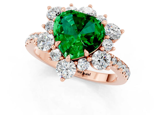Rose gold Heart Cut Emerald Floral Halo Ring with Round Pavé Band and Prong Setting