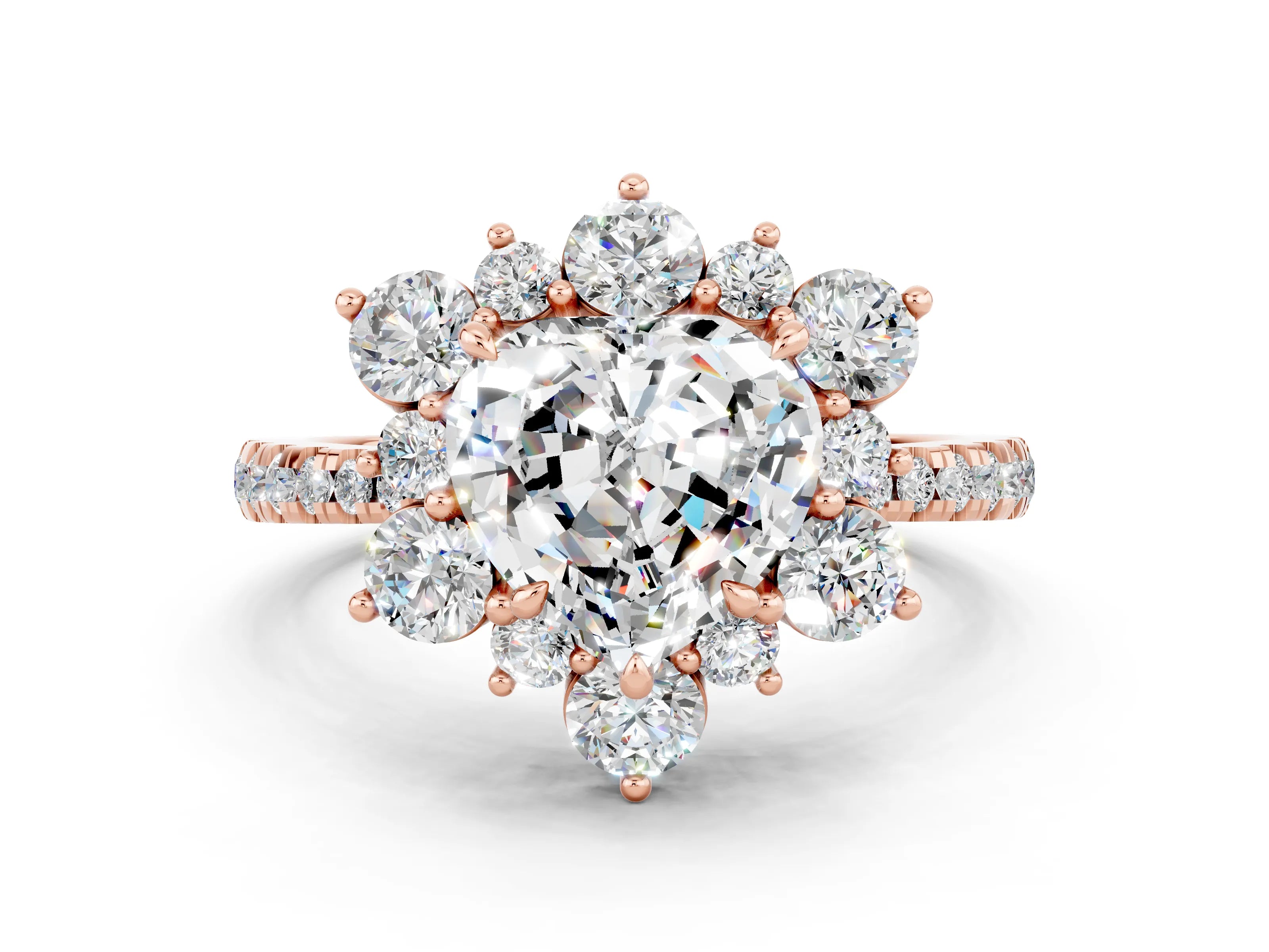 Rose gold Heart Cut Cut Diamond Floral Halo Pave Band with Prong Setting