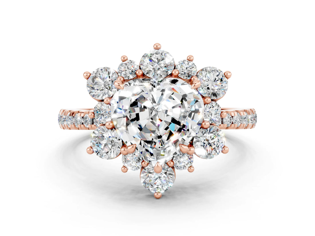 Rose gold Heart Cut Cut Diamond Floral Halo Pave Band with Prong Setting