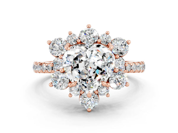 Rose gold Heart Cut Moissanite Floral Halo Ring with Round Pavé Band and Prong Setting