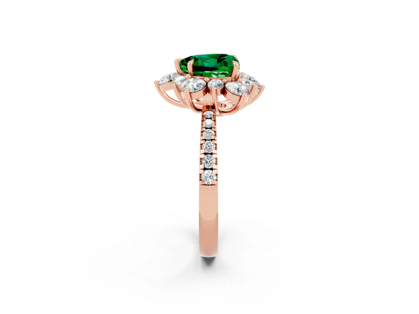 Rose gold Heart Cut Emerald Floral Halo Ring with Round Pavé Band and Prong Setting