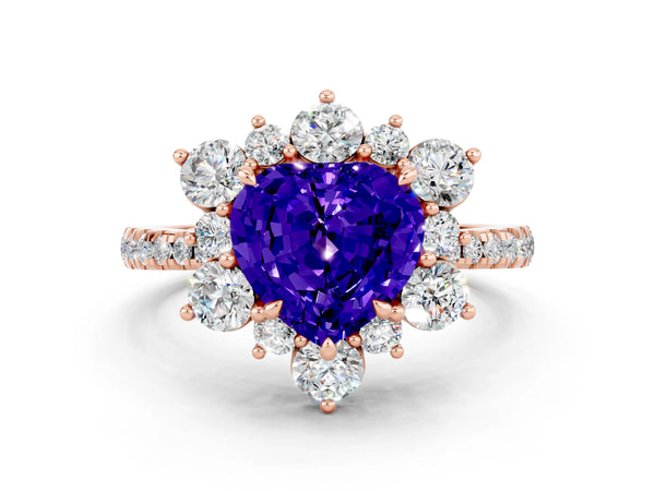 Rose gold Heart Cut Tanzanite Floral Halo Ring with Round Pavé Band and Prong Setting