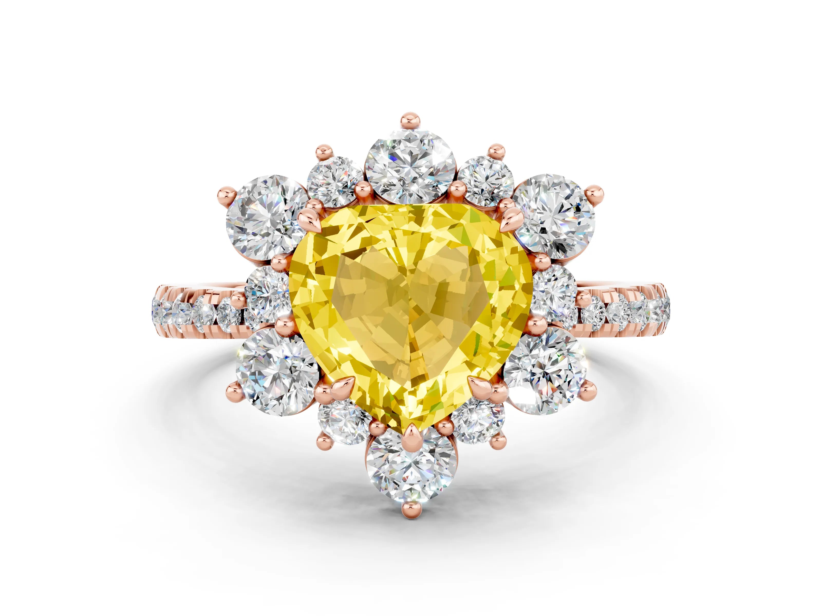 Rose gold Heart Cut Cut Diamond Floral Halo Pave Band with Prong Setting