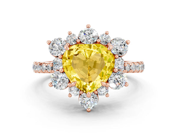 Rose gold Heart Cut Yellow Sapphire Floral Halo Ring with Round Pavé Band and Prong Setting