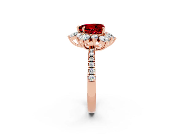 Rose gold Heart Cut Ruby Floral Halo Ring with Round Pavé Band and Prong Setting