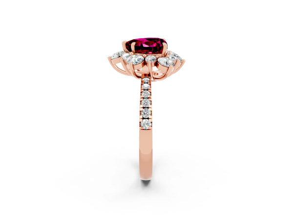 Rose gold Heart Cut Garnet Floral Halo Ring with Round Pavé Band and Prong Setting
