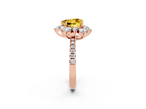 Rose gold Heart Cut Yellow Sapphire Floral Halo Ring with Round Pavé Band and Prong Setting