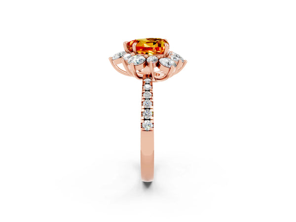 Rose gold Heart Cut Citrine Floral Halo Ring with Round Pavé Band and Prong Setting