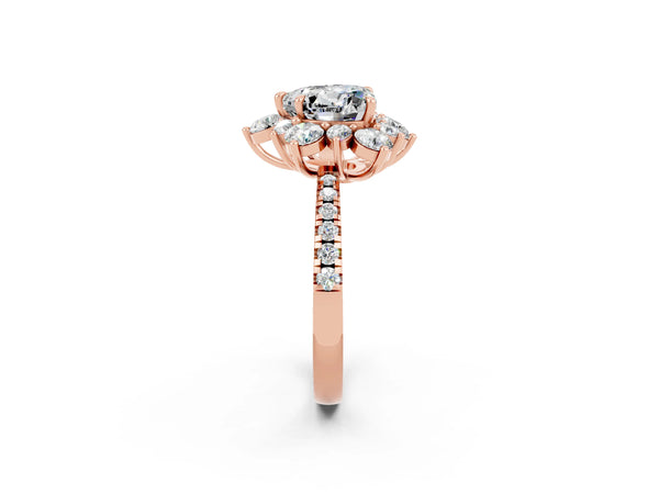 Rose gold Heart Cut Moissanite Floral Halo Ring with Round Pavé Band and Prong Setting