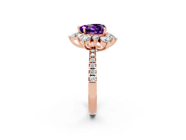 Rose gold Heart Cut Amethyst Floral Halo Ring with Round Pavé Band and Prong Setting