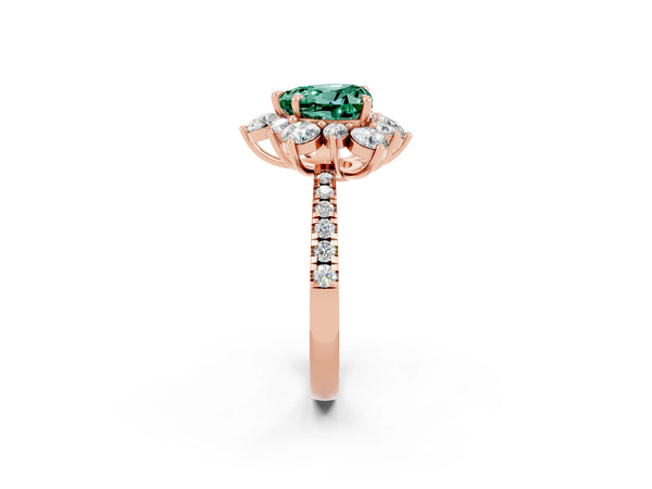 Rose gold Heart Cut Green Sapphire Floral Halo Ring with Round Pavé Band and Prong Setting