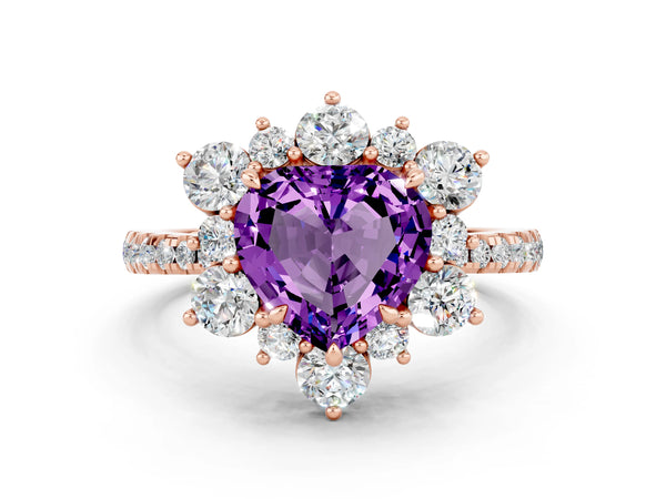 Rose gold Heart Cut Amethyst Floral Halo Ring with Round Pavé Band and Prong Setting