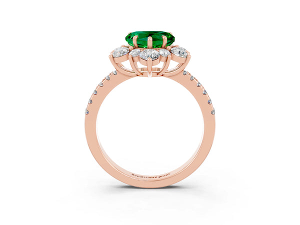 Rose gold Heart Cut Emerald Floral Halo Ring with Round Pavé Band and Prong Setting