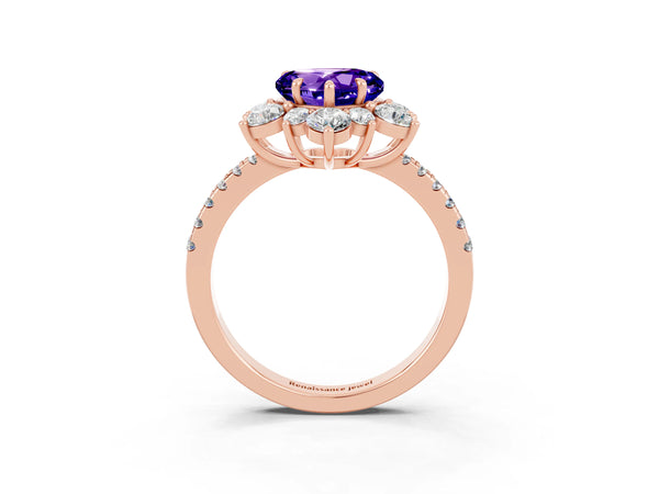 Rose gold Heart Cut Tanzanite Floral Halo Ring with Round Pavé Band and Prong Setting