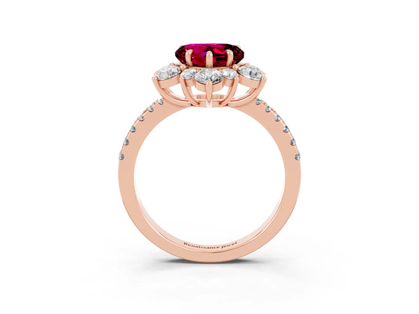 Rose gold Heart Cut Garnet Floral Halo Ring with Round Pavé Band and Prong Setting