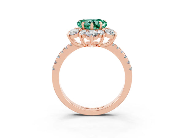 Rose gold Heart Cut Green Sapphire Floral Halo Ring with Round Pavé Band and Prong Setting