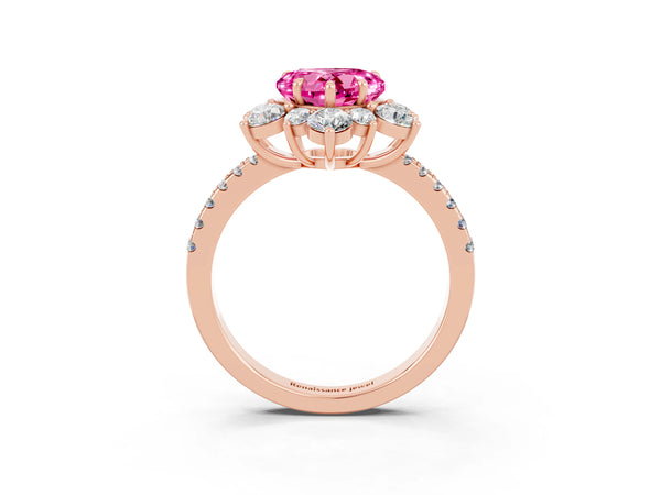 Rose Gold Heart-Shaped Lab-Grown Pink Sapphire Star Floral Halo Engagement Ring with Pave Band