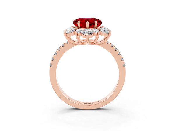 Rose gold Heart Cut Ruby Floral Halo Ring with Round Pavé Band and Prong Setting
